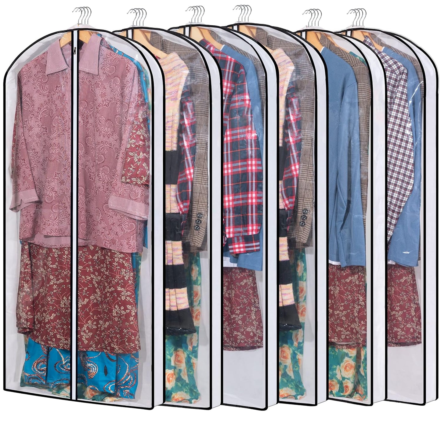 Hanging Clothes Storage with 4" Gusseted Garment Covers (Set of 6) - Clear Suit, Gown, Long Coat, Dress Protectors for Closet - 24"x 50"x 4" / 6 Pack