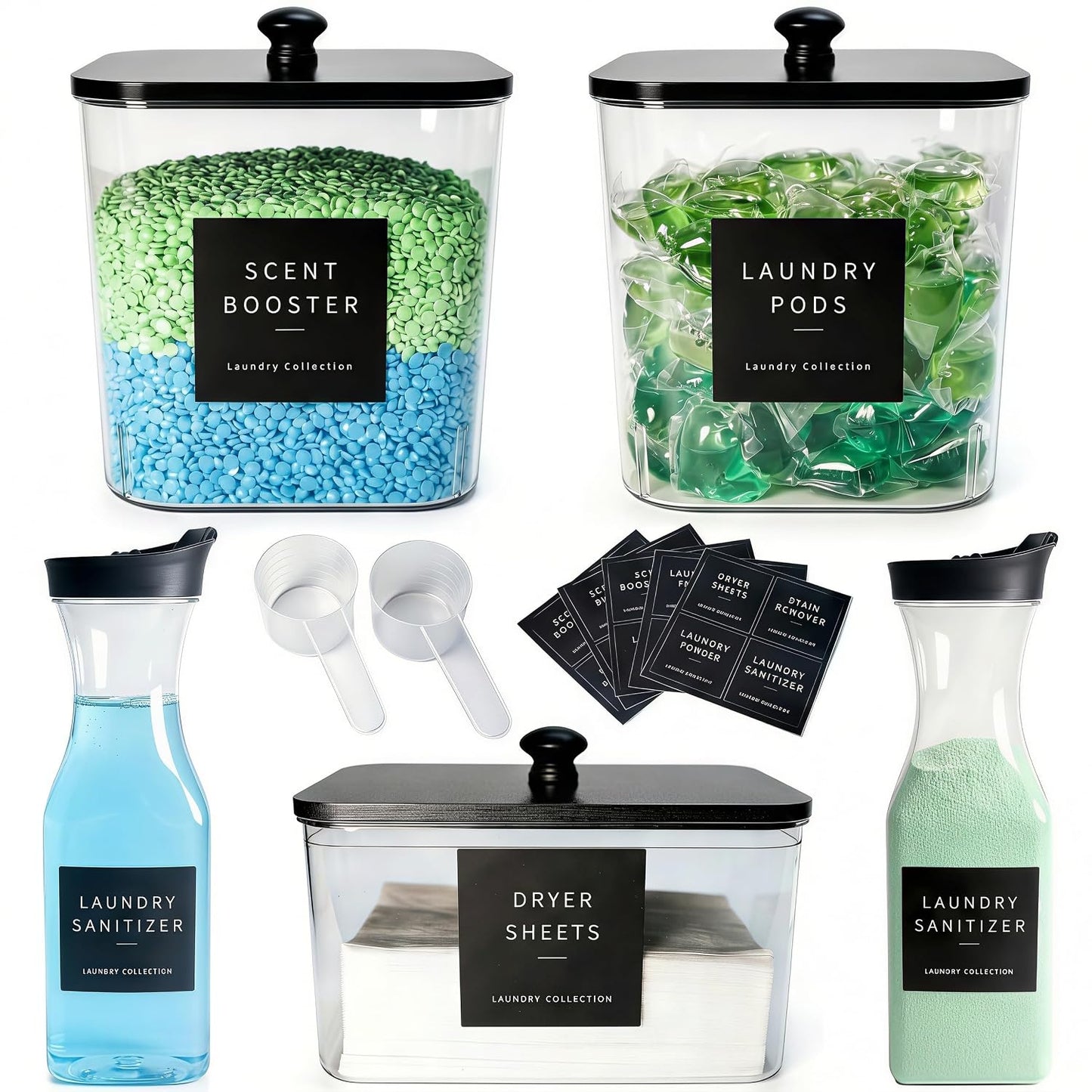 3+2 Pack Laundry Pods Containers & Dryer Sheet Holder & Laundry Detergent Dispenser, Laundry Room Organization and Storage Jars with Lids, Labels and Scoops for Scent Booster, Powder, Pods