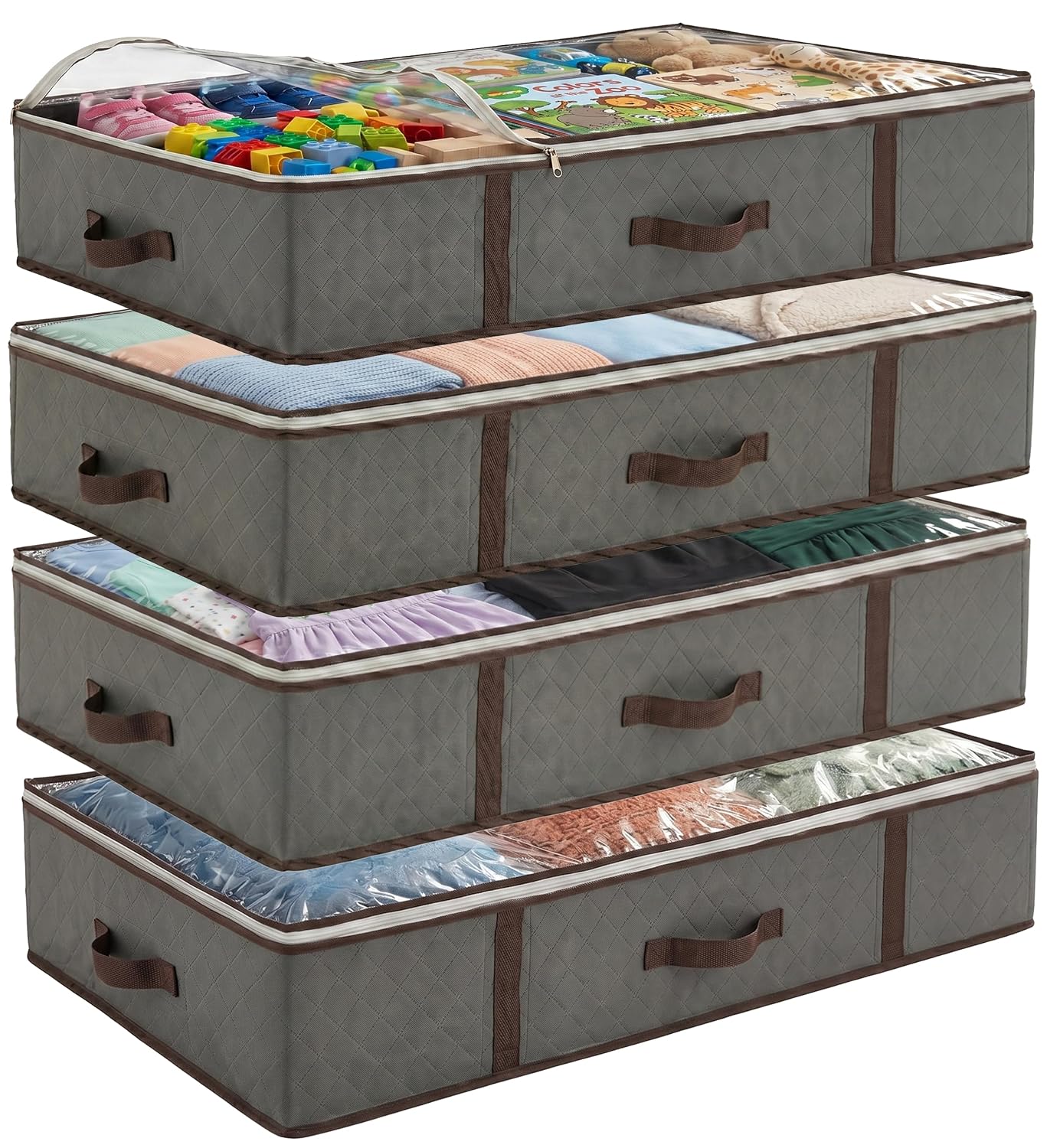 Underbed Storage Bags 4-Pack - Foldable Under Bed Storage Organizer for Clothes, Bedroom Blankets, Comforter, Pillows, Linen Sheets, Towels, Sweaters, Shoe Drawers - Ideal for College Dorms (Grey)
