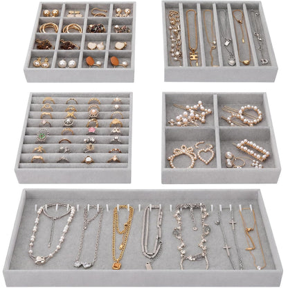 Fixwal Jewelry Organizer Trays 5 Pack 14in Stackable Drawer Box Dividers | Stackable 14in Trays, Removable Dividers, Multi-Layer Design, for Earrings Necklaces Bracelets and Watches