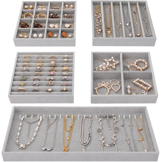 Fixwal Jewelry Organizer Trays 5 Pack 14in Stackable Drawer Box Dividers | Stackable 14in Trays, Removable Dividers, Multi-Layer Design, for Earrings Necklaces Bracelets and Watches