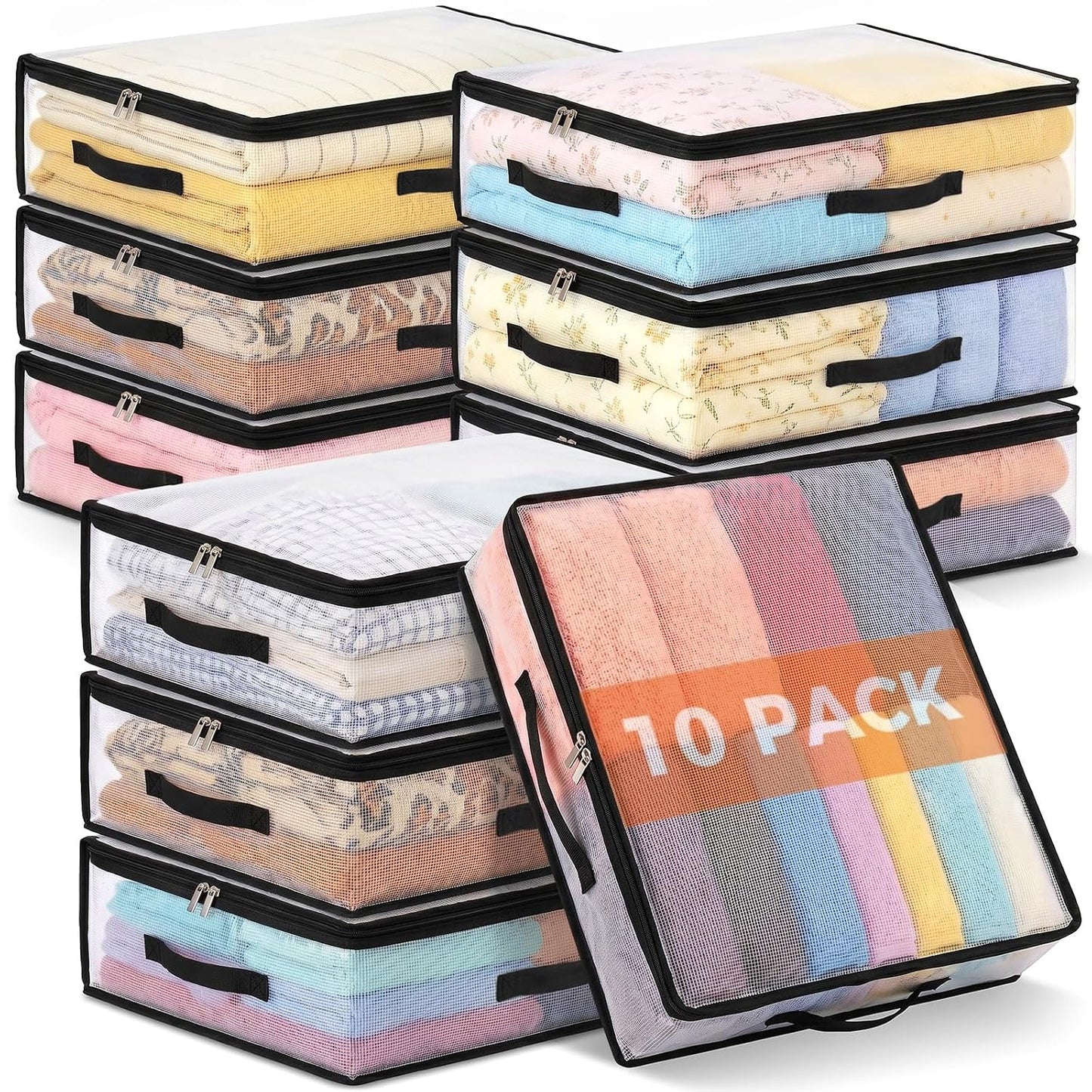 10Pcs Clear Storage Bags With Zippers & Handles Blanket Storage Bag | 21L Plastic Clothes and Under Bed Storage Organizers for Sheets Bedding Comforter Linen Sweaters Toys, 15.7x13.8x5.9 In