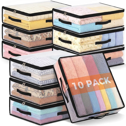 10Pcs Clear Storage Bags With Zippers & Handles Blanket Storage Bag | 21L Plastic Clothes and Under Bed Storage Organizers for Sheets Bedding Comforter Linen Sweaters Toys, 15.7x13.8x5.9 In