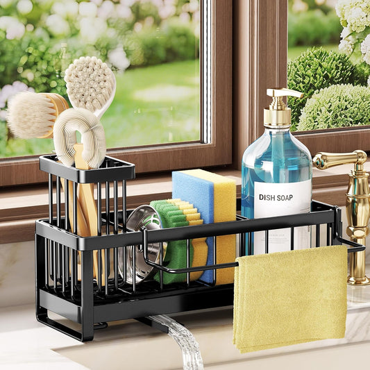 SWTYMIKI Sponge Holder for Kitchen Sink - Sink Caddy with Brush Holder Self-draining Sponge Caddy Organizer with Divider Stainless Steel Kitchen Accessories Storage for Countertop, Black
