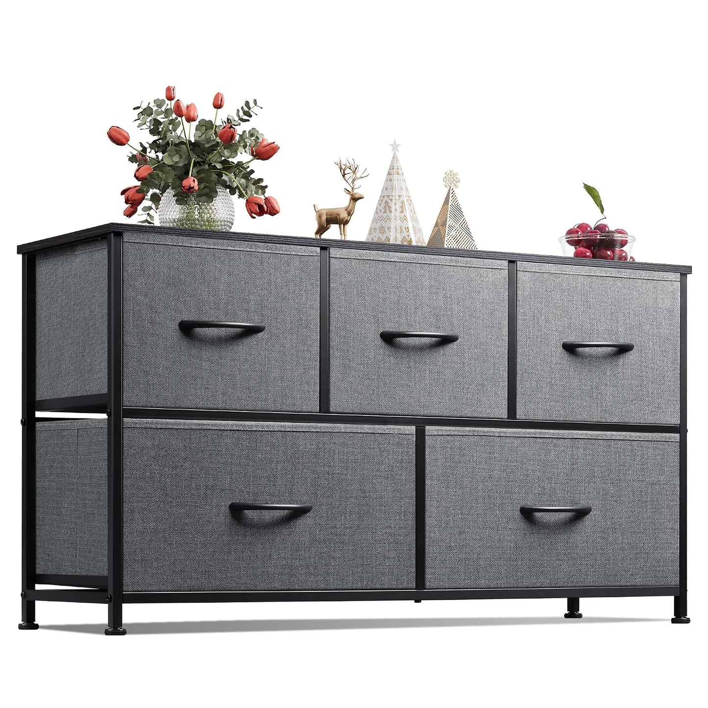 WLIVE Wide Dresser for Bedroom, 5 Drawer Chest of Drawers, Dark Grey | 5 roomy fabric drawers, Wide storage design, Bedroom or closet use, Sturdy steel frame, Smooth wood tabletop