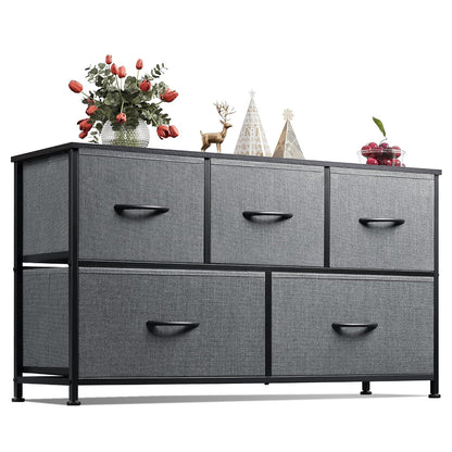 WLIVE Wide Dresser for Bedroom, 5 Drawer Chest of Drawers, Dark Grey | 5 roomy fabric drawers, Wide storage design, Bedroom or closet use, Sturdy steel frame, Smooth wood tabletop
