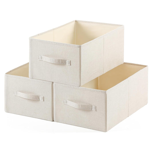 Linen Folding Storage Bins, 3 Pack Large Storage Baskets, Washable, Clothing Storage Bins with Handle, Closet Organizer for Storage Sweater,Sheets(Beige, 18½"x11 x8½)