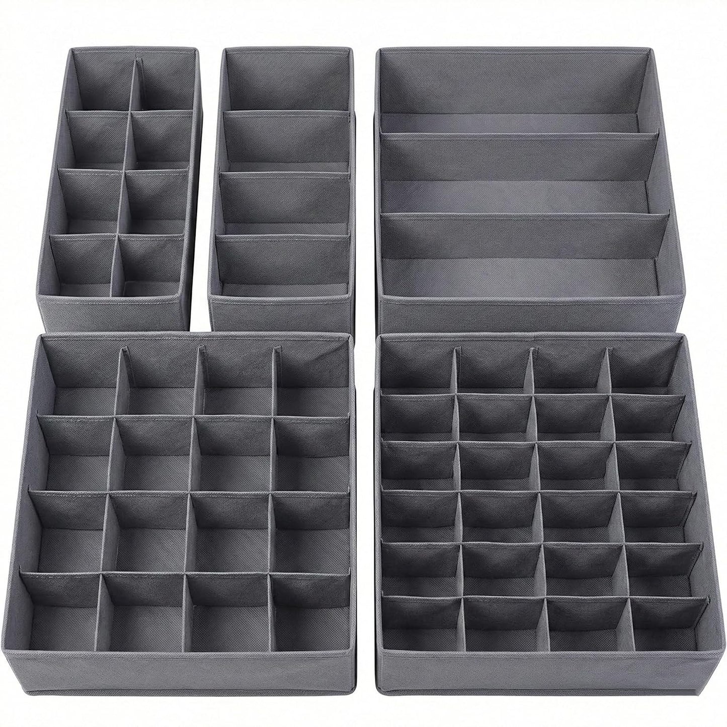 Lourome Underwear Drawer Organizer, 5-Pack, for Socks, Bras, Tie, Grey | Fits Standard 13"+ Dressers, 55 Compartments, Storage Bins for Bedroom, Closet & Bathroom
