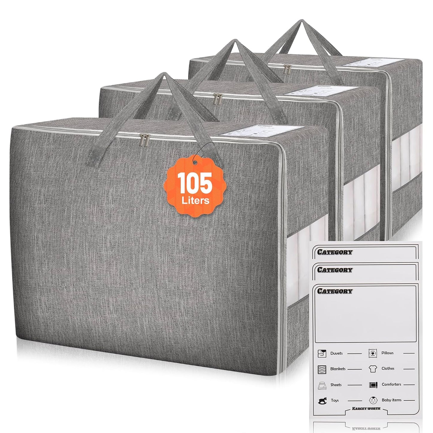 3 Pack 105L Comforter Storage Bags, Extra Large Bedding Storage Bags with Card and Clear Window, Reinforced Handles & Zippers, Foldable Closet Organizers for Blanket Pillow Clothes