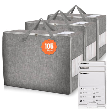 3 Pack 105L Comforter Storage Bags, Extra Large Bedding Storage Bags with Card and Clear Window, Reinforced Handles & Zippers, Foldable Closet Organizers for Blanket Pillow Clothes