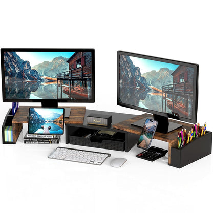 Simple Houseware Desk Dual Monitor Stand Riser with Drawer, Rustic Brown | Customizable Organizer Tray, Built-In Phone & Tablet Slot and Side Storage