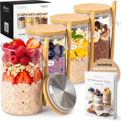 Overnight Oats Containers with Lids Bamboo incl. Spoons & Labels - 4x16oz | 4 Thick Glass Jars With Airtight Bamboo Lids, Matching Spoons and 24 Labels for Overnight Oats, Chia Pudding and Yogurt