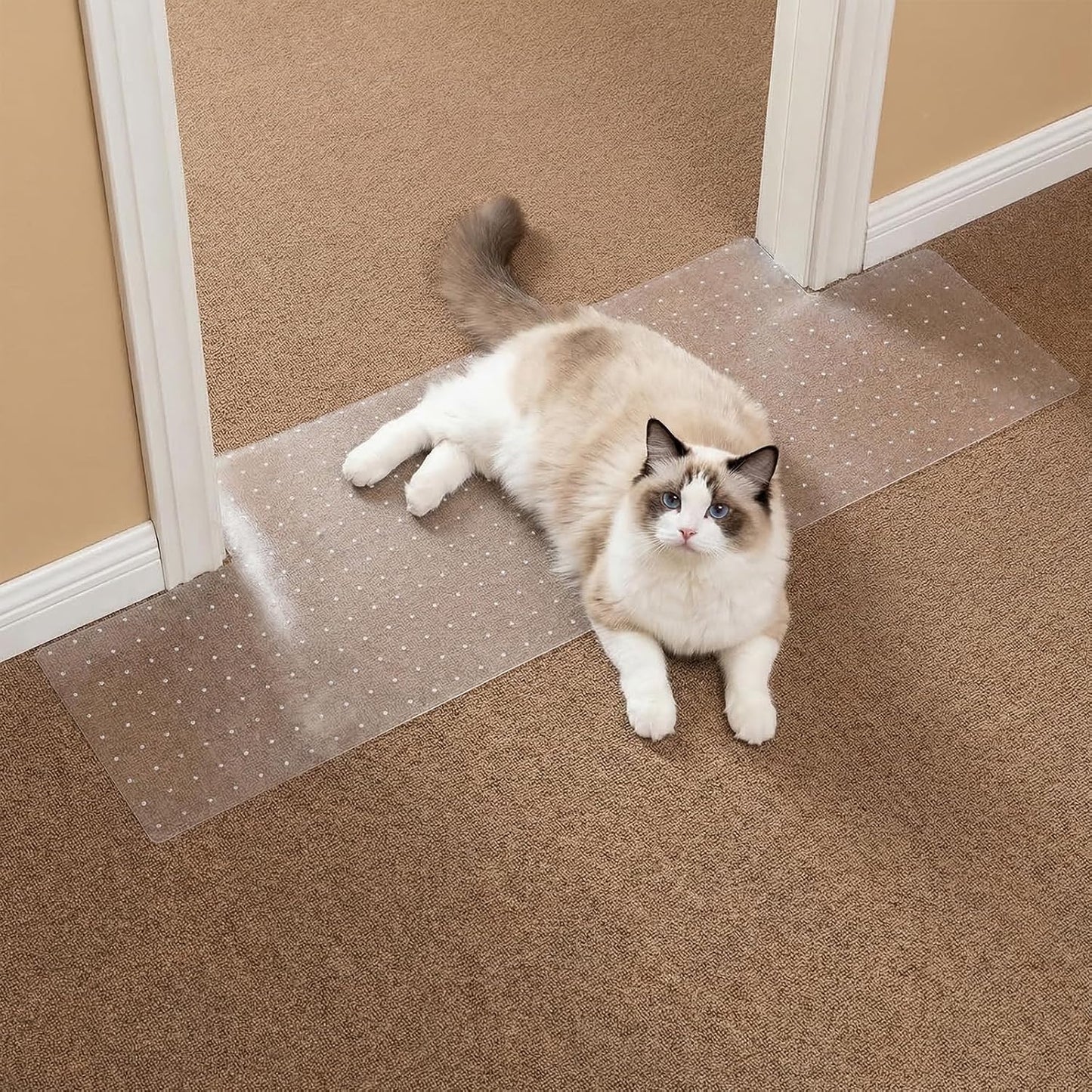 Carpet Protector, Clear PVC Doorway Mat for Cats & Dogs | Heavy-duty Anti-scratch Threshold Guard, Non-slip, Easy-trim, Recyclable PVC, Fits 27.5"-35.9" Doors, Stops Pet Claw Damage