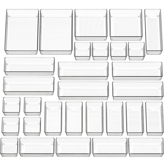 Simple Houseware 30 PCS Clear Plastic Drawer Organizers Set, 5-Size | for Makeup, Bathroom, Bedroom and Office