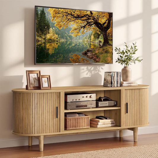 VASAGLE TV Stand for 65-Inch TVs, Mid Century Entertainment Center with Storage, Fluted Sliding Doors, Media Console Table for Living Room, Bedroom, Sand Brown ULTV633K201