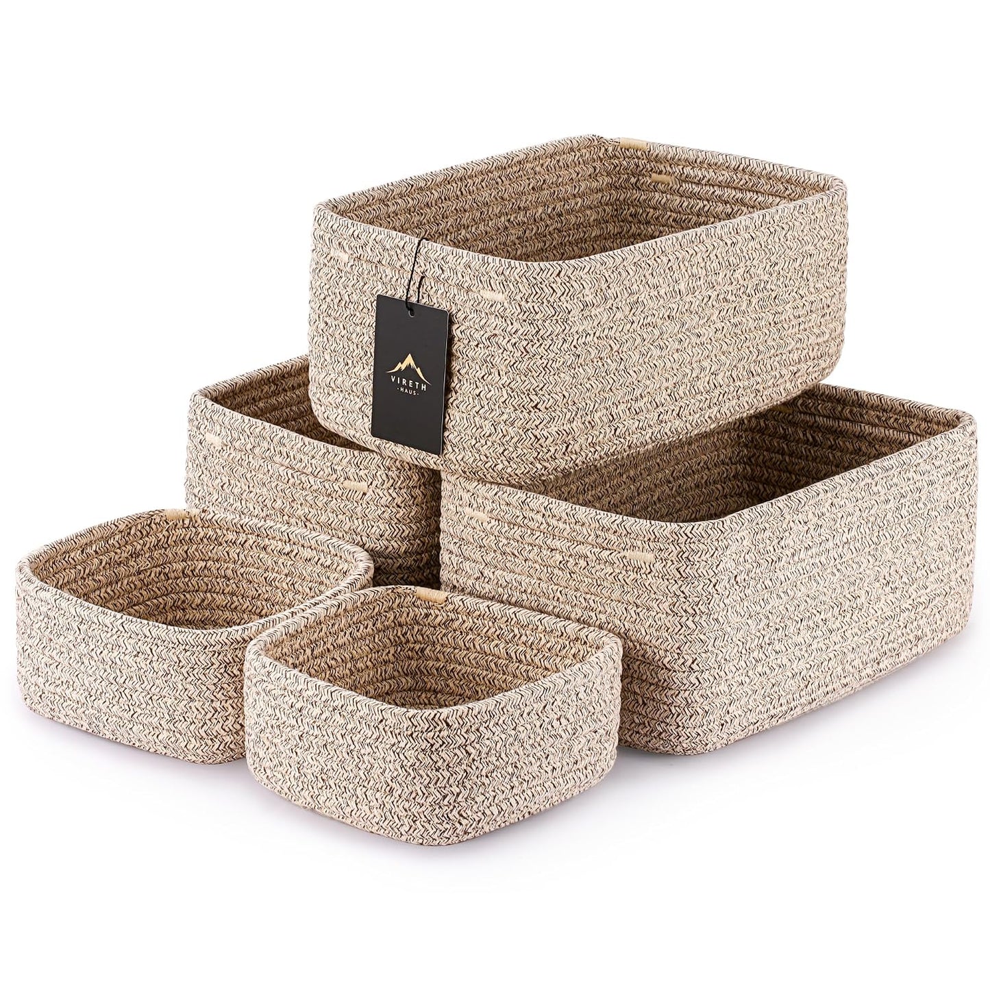 5-Pack Small Woven Rope Storage Baskets, 2 Sizes Organizer Bins | Fabric Cube Boxes and Rectangular Shallow Bins for Closet, Shelf, Bookshelf, Nursery, Changing Table, Bathroom, Toys & Home