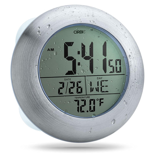 Extra Large Shower Clock with Suction Cups, Date and Temperature, Water Resistant Clock for Bathroom