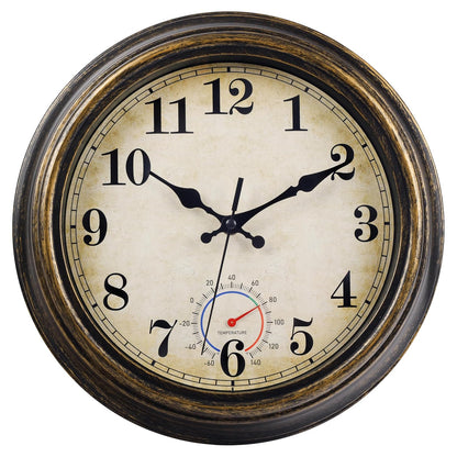 Outdoor Clocks Waterproof with Thermometer Vintage Wall Clock Decor for Bathroom Patio Pool Garden(12 Inch)