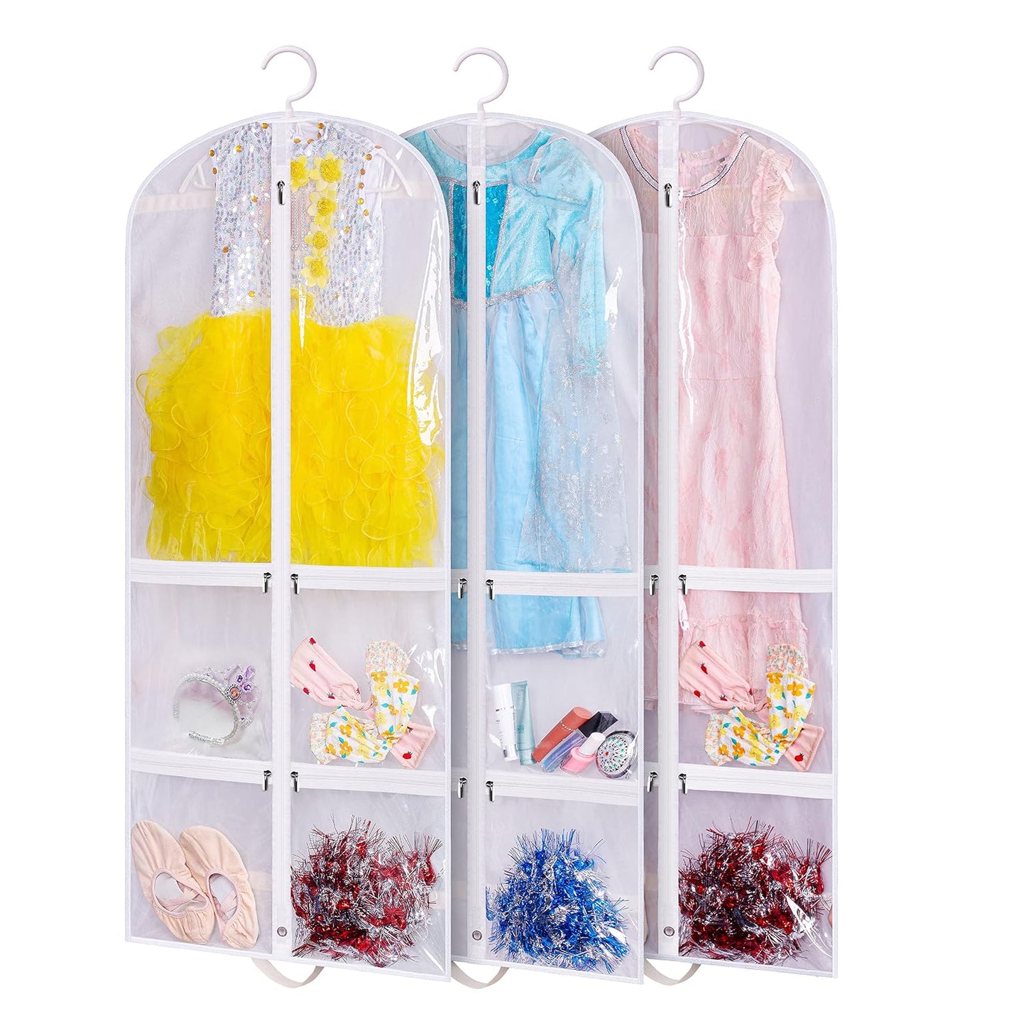 SLEEPING LAMB Clear Garment Bag for Dance Costume Kids 50 Inch Hanging Clothes Cover for Closet Storage With 4 Large Zipper Pockets for Ballet, Theatre, Competitions, 3 Packs, White