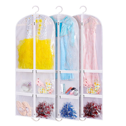 SLEEPING LAMB Clear Garment Bag for Dance Costume Kids 50 Inch Hanging Clothes Cover for Closet Storage With 4 Large Zipper Pockets for Ballet, Theatre, Competitions, 3 Packs, White
