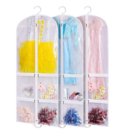 SLEEPING LAMB Clear Garment Bag for Dance Costume Kids 50 Inch Hanging Clothes Cover for Closet Storage With 4 Large Zipper Pockets for Ballet, Theatre, Competitions, 3 Packs, White