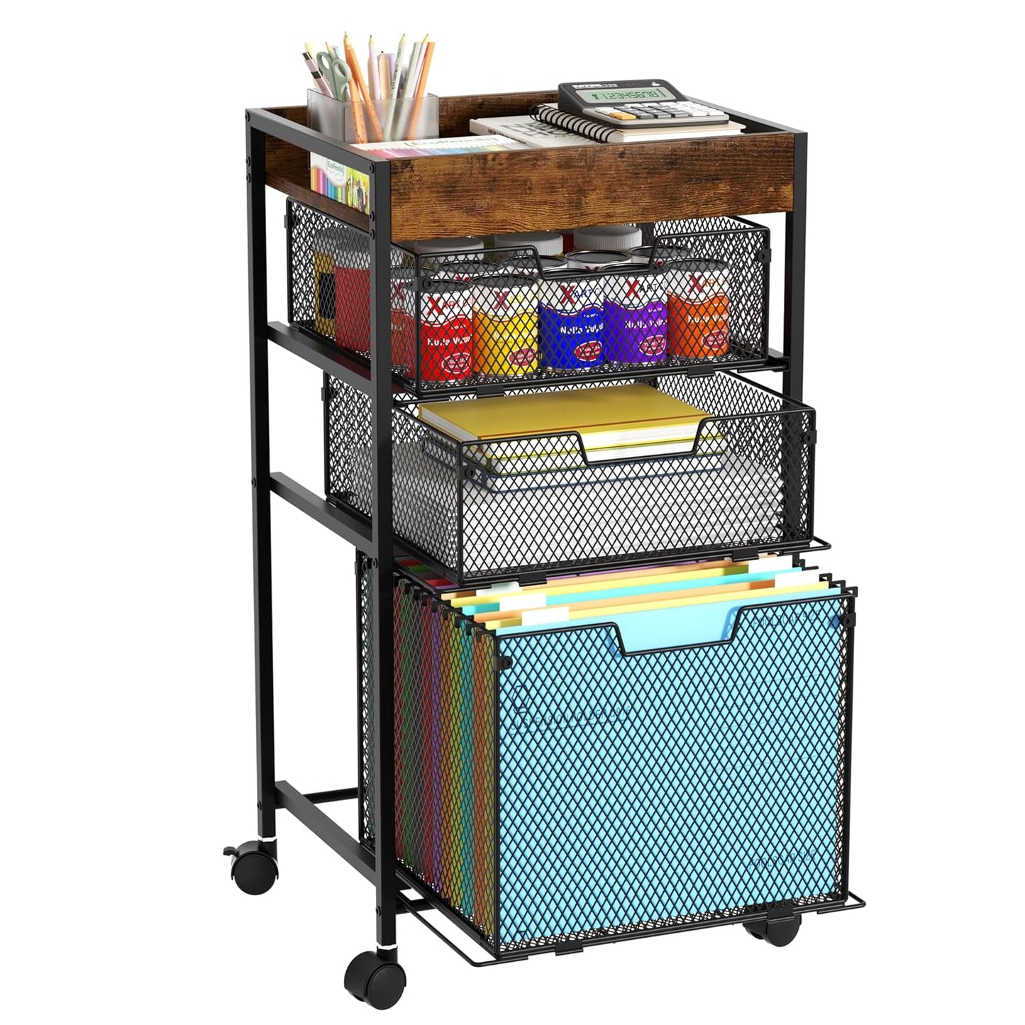 SWTYMIKI Rolling File Cart with Drawers - 4 Tier Under Desk Storage Craft Rolling Organizer Cart - Office Storage &Organization, Mobile Metal Filing Cabinet for Office and Home Espresso
