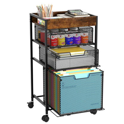 SWTYMIKI Rolling File Cart with Drawers - 4 Tier Under Desk Storage Craft Rolling Organizer Cart - Office Storage &Organization, Mobile Metal Filing Cabinet for Office and Home Espresso