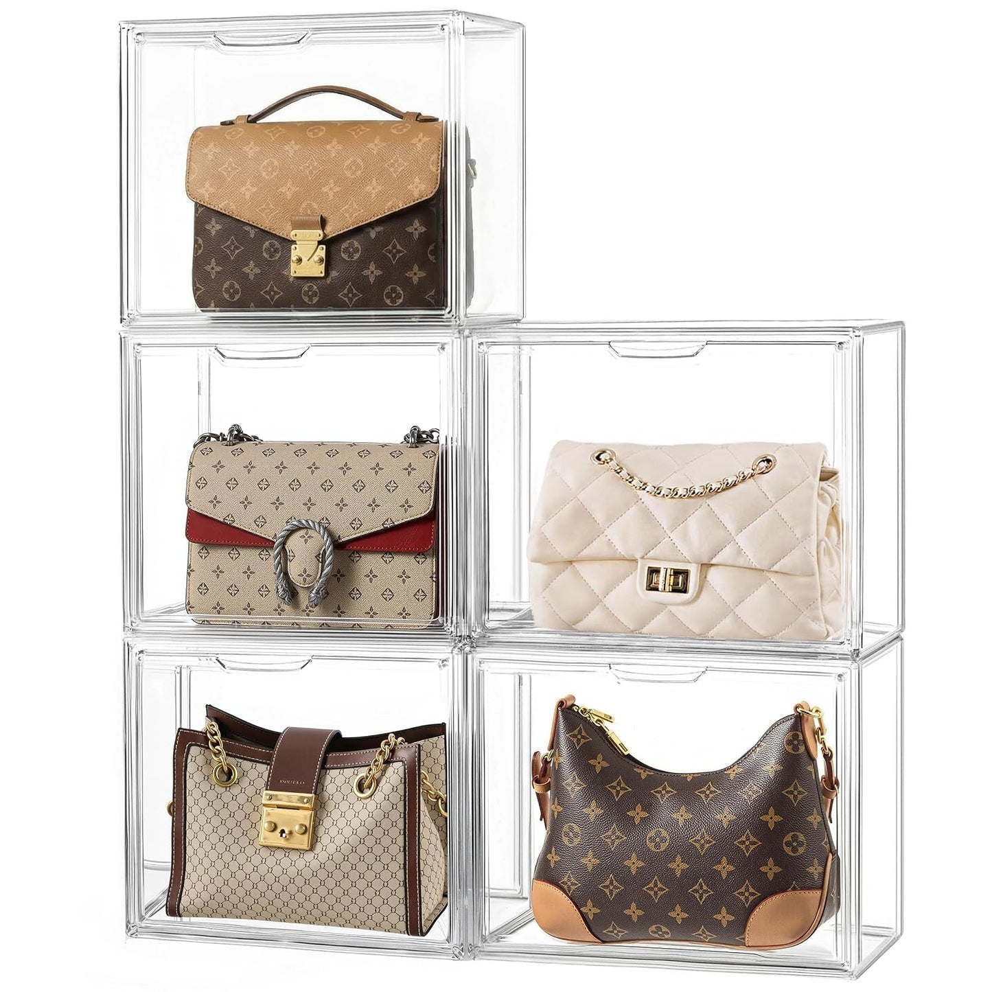 HBlife Purse Storage Organizer for Closet, Clear Stackable Handbag Display Case Box with Magnetic Door for Collectibles, Cosmetics, Women Heels and Toys, Large, 5 Pack