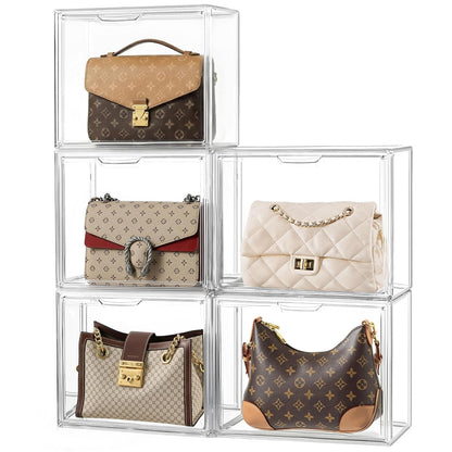 HBlife Purse Storage Organizer for Closet, Clear Stackable Handbag Display Case Box with Magnetic Door for Collectibles, Cosmetics, Women Heels and Toys, Large, 5 Pack