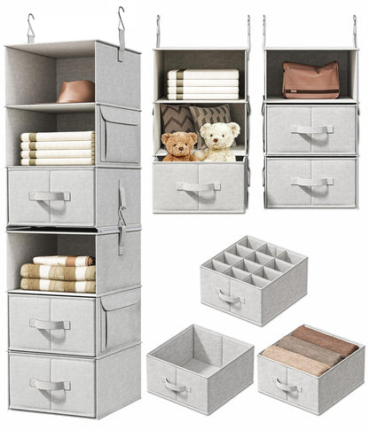 6-Shelf Hanging Closet Organizer with 3 Drawers, 2 Separable 3-Shelf Closet Organizers and Storage for Wardrobe Organization, Hanging Dresser for Nursury & Dorm Clothes Organizer