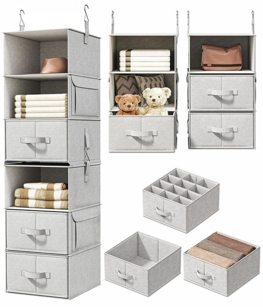 6-Shelf Hanging Closet Organizer with 3 Drawers, 2 Separable 3-Shelf Closet Organizers and Storage for Wardrobe Organization, Hanging Dresser for Nursury & Dorm Clothes Organizer