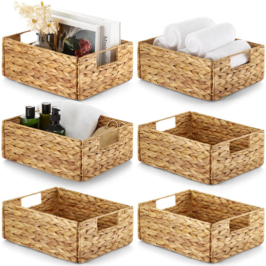 Bluewest Water Hyacinth Storage Baskets, Set of 6, Woven Bins with Handles | Organizer and Laundry Basket with Carrying Handles, Designed as a Rattan Bin for Shelves, Closets and Household Essentials.