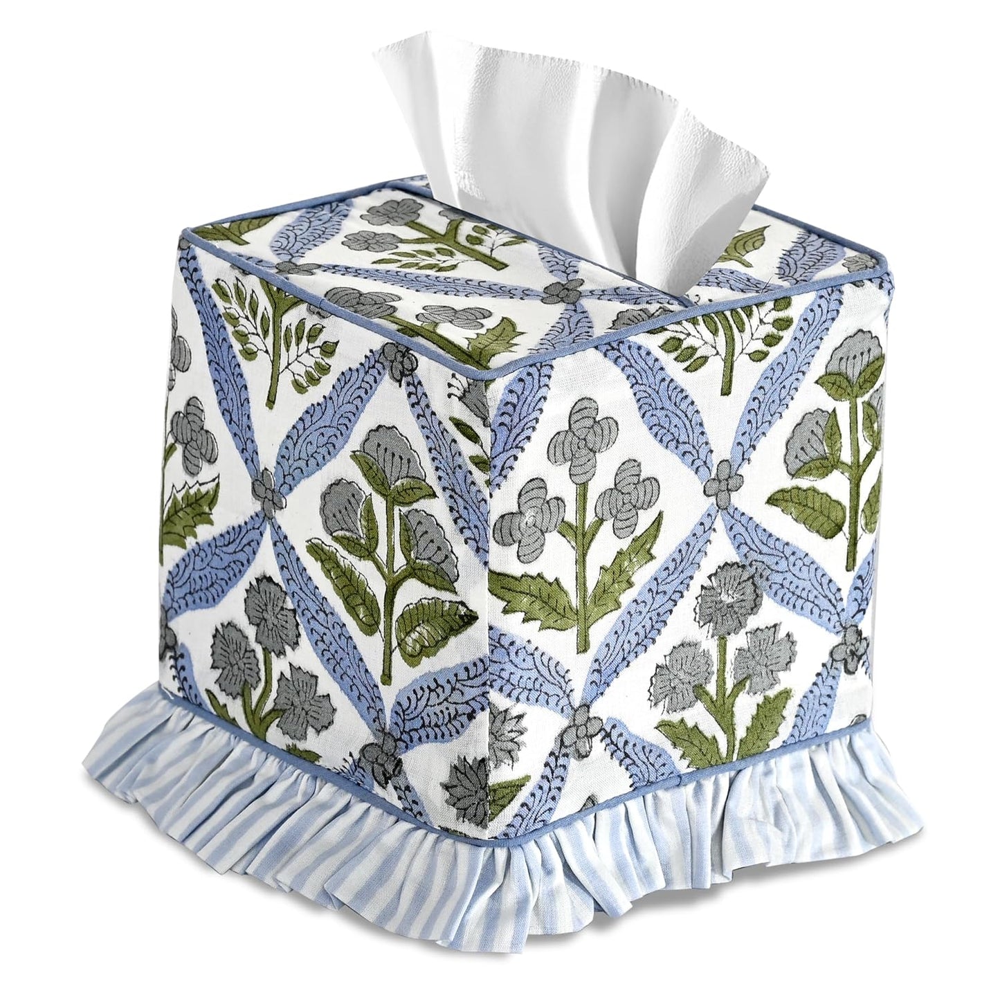 Light Steel Blue Block Print Ruffle Tissue Box Cover Handmade Cotton Decorative Square Napkin Holder for Home Bedroom Living Room Bathroom Vanity Countertop Car Office Kitchen