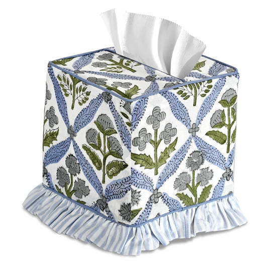 Light Steel Blue Block Print Ruffle Tissue Box Cover Handmade Cotton Decorative Square Napkin Holder for Home Bedroom Living Room Bathroom Vanity Countertop Car Office Kitchen