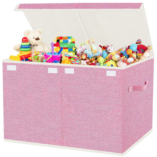 Toy Storage Box with Lid, Collapsible 82L Pink | 82L Large Bin (24.5"x13"x16") in Pink. 800D Oxford, Dual Handles, Folds Flat. For Nursery, Playroom, Bedroom