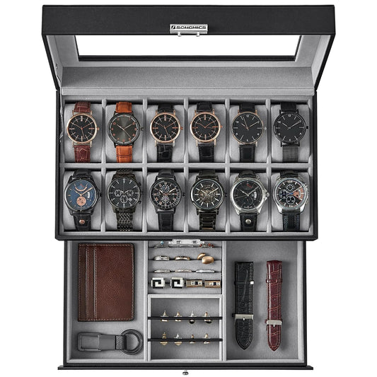 Watch Box, 12-Slot Watch Case Organizer with Large... (Black + Gray)