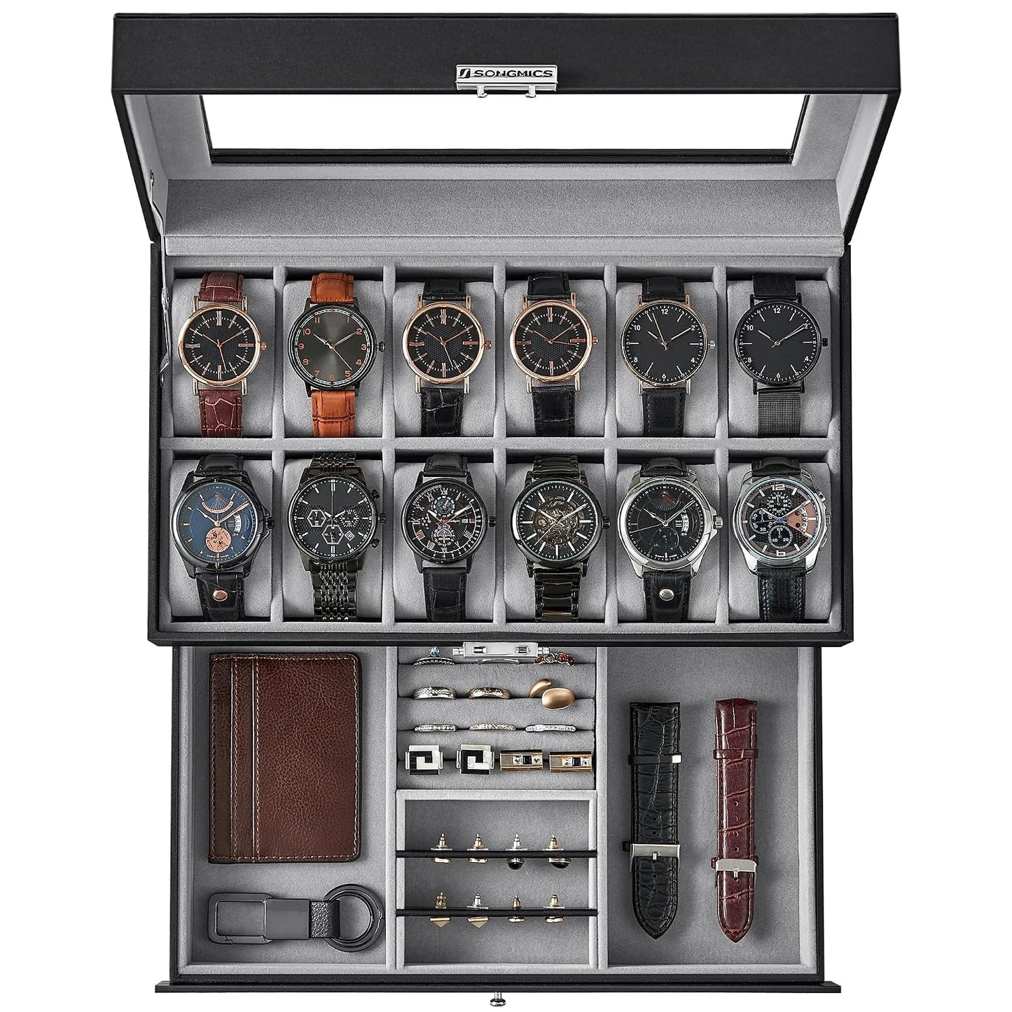 SONGMICS Watch Box, 12-Slot Watch Case Organizer with Large Glass Lid, 2 Layers, Removable Pillows, Metal Lock, Gift for Loved Ones, Black Synthetic Leather, Gray Lining UJWB012