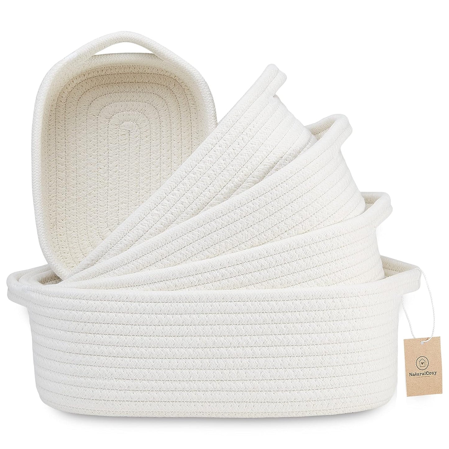 5-Piece Rectangle Storage Basket Set- Natural Cotton Rope Woven for Organizing! Small Basket for Montessori, Baby Nursery, Dog Toy Baskets, Cat Toy Box, Bathroom Organization Bin