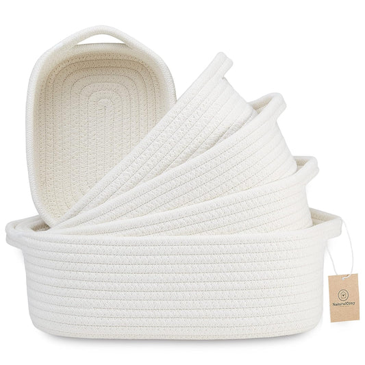 5-Piece Rectangle Storage Basket Set- Natural Cotton Rope Woven for Organizing! Small Basket for Montessori, Baby Nursery, Dog Toy Baskets, Cat Toy Box, Bathroom Organization Bin