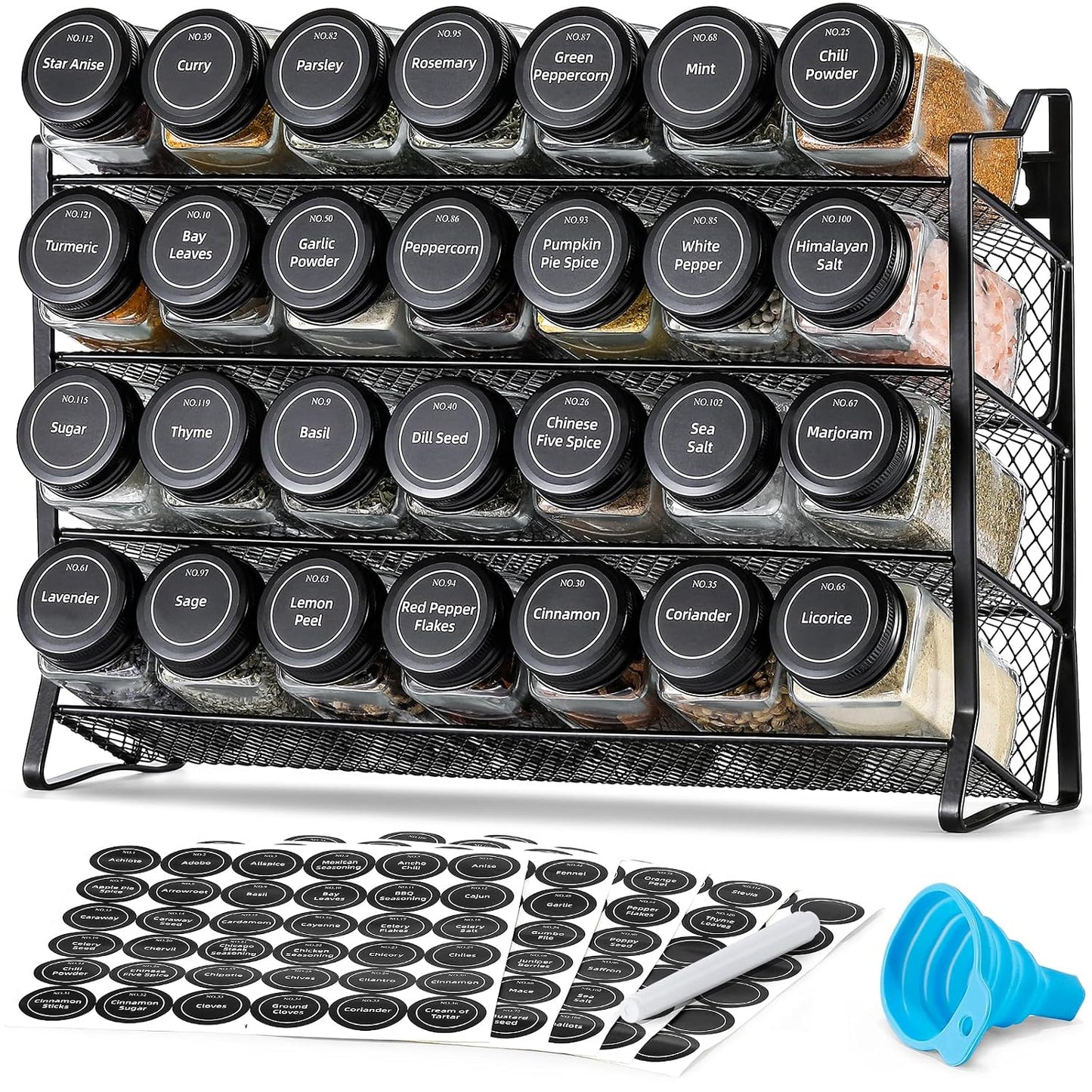 AOZITA Spice Rack Organizer for Cabinet, Spice Organizer with 28 Empty Spice Jars with Black Lids, Funnel, Spice Labels, Seasoning Organizer for Countertop, Cabinet, Kitchen, Pantry, Cupboard