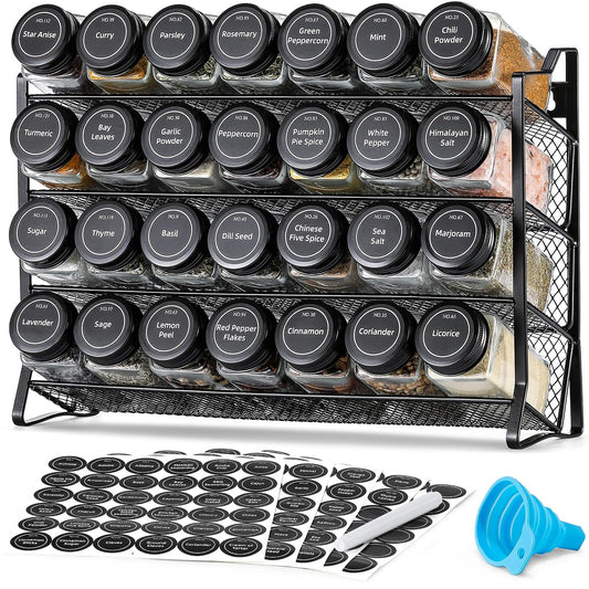AOZITA Spice Rack Organizer for Cabinet, Spice Organizer with 28 Empty Spice Jars with Black Lids, Funnel, Spice Labels, Seasoning Organizer for Countertop, Cabinet, Kitchen, Pantry, Cupboard