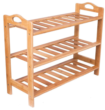 BIRDROCK HOME 3 Tier Free Standing Shoe Rack with Handles | Bamboo | Wood | Closets and Entryway | Organizer | Fits 9 Pairs of Shoes