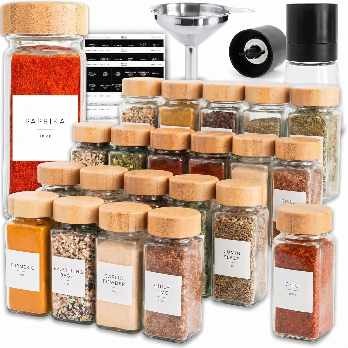 SAVVY & SORTED Glass Spice Jars with Label, 24PK Bamboo Jar Spices Set 4oz, 374 Spice Labels, Pepper Grinder, Empty Herb Seasoning Containers, Funnel and Shaker Lids