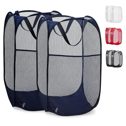 Handy Laundry Collapsible Mesh Pop Up Laundry Hamper 2-Pack – Large Foldable Laundry Basket with Side Pocket, Breathable & Durable, Space-Saving for Clothes, Toys, Travel, Dorm, Bedroom, Blue