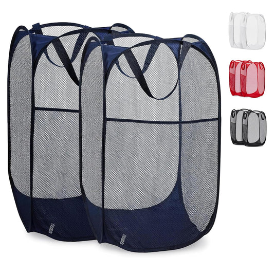Handy Laundry Collapsible Mesh Pop Up Laundry Hamper 2-Pack – Large Foldable Laundry Basket with Side Pocket, Breathable & Durable, Space-Saving for Clothes, Toys, Travel, Dorm, Bedroom, Blue