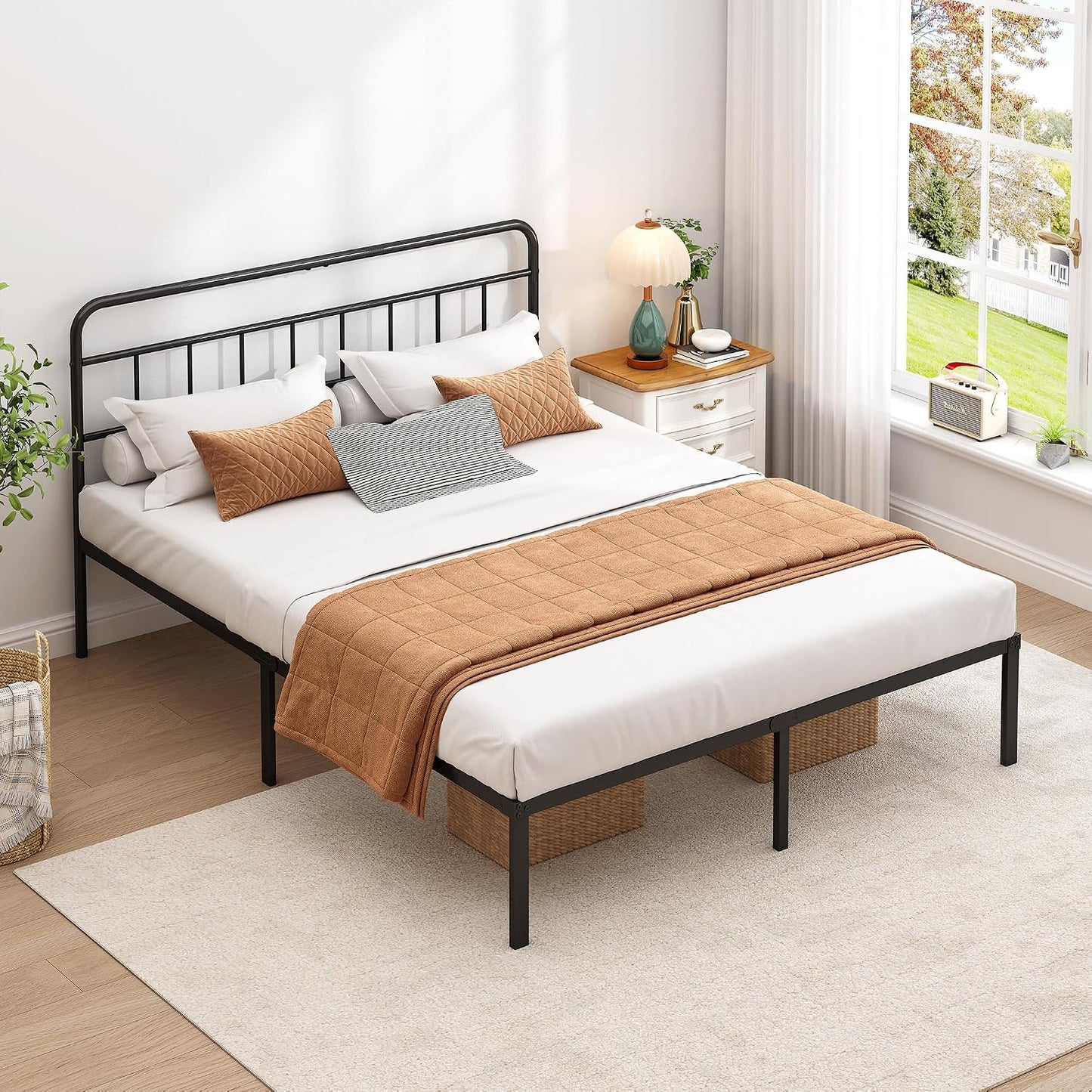 Queen Bed Frame with Classic Headboard,Strong Metal Slats Support,Under Bed Storage Space,No Box Spring Needed,Easy to Assemble,Black