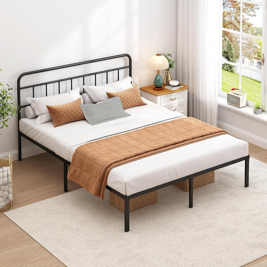 Queen Bed Frame with Classic Headboard,Strong Metal Slats Support,Under Bed Storage Space,No Box Spring Needed,Easy to Assemble,Black