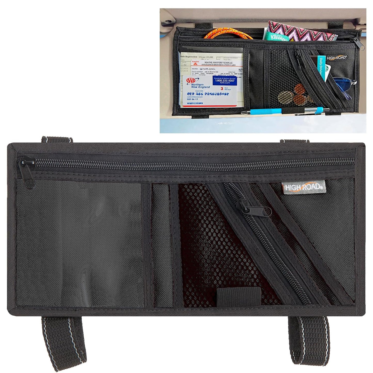 High Road Car Visor Organizer and Sun Visor Document Holder with Pockets | Slim Car Visor Organizer with Pockets Holds Registration and Insurance Cars, Pens and Papers Within Easy Reach