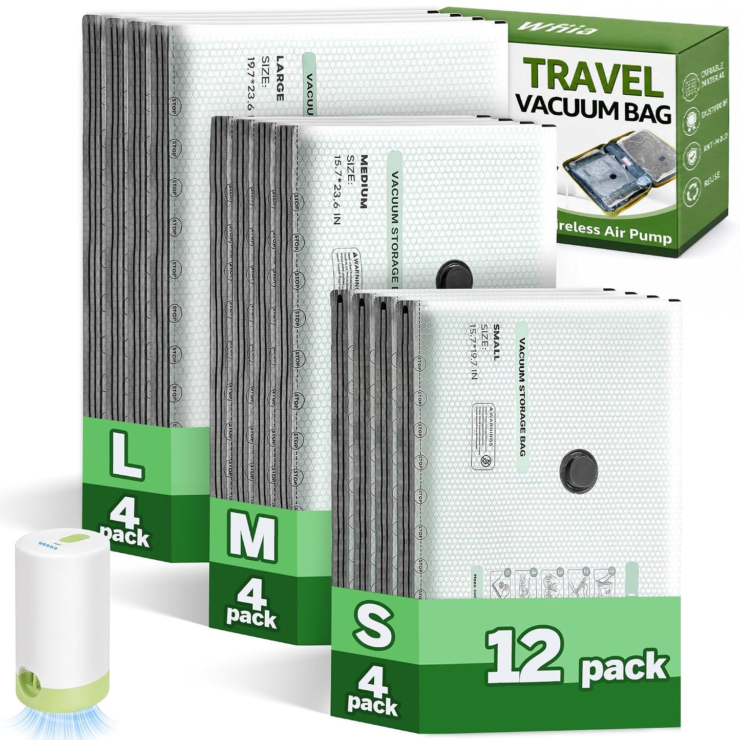 9+3 Packs Vacuum Bags for Travel with Rechargeable air Pump, 3 Sizes Vacuum Seal Bags for Clothing, Space-Saving Compression Storage Bags for Travel & Closet Organization