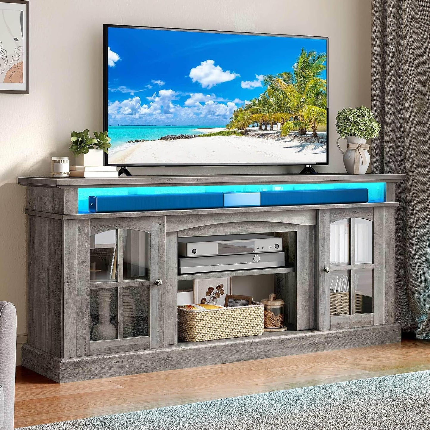 LED Farmhouse TV Stand for 75 Inch w/Outlets, Mode... (Grey | Engineered Wood)